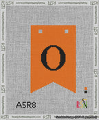 A taped needlepoint canvas with the design: Banner 13 mesh count Forked O Black on Orange.