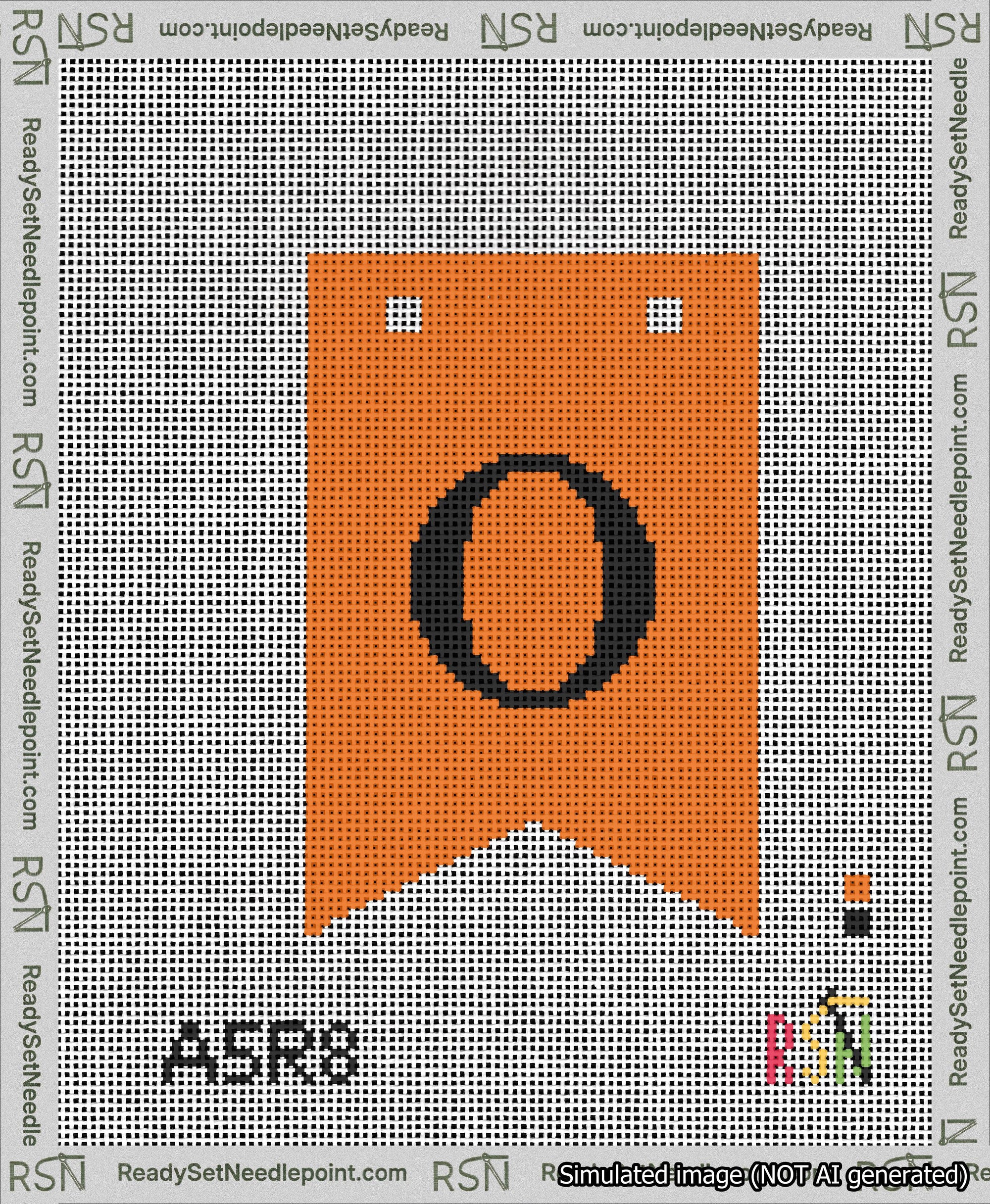 A taped needlepoint canvas with the design: Banner 13 mesh count Forked O Black on Orange.