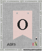 A taped needlepoint canvas with the design: Banner 13 mesh count Forked O Black on Pink.