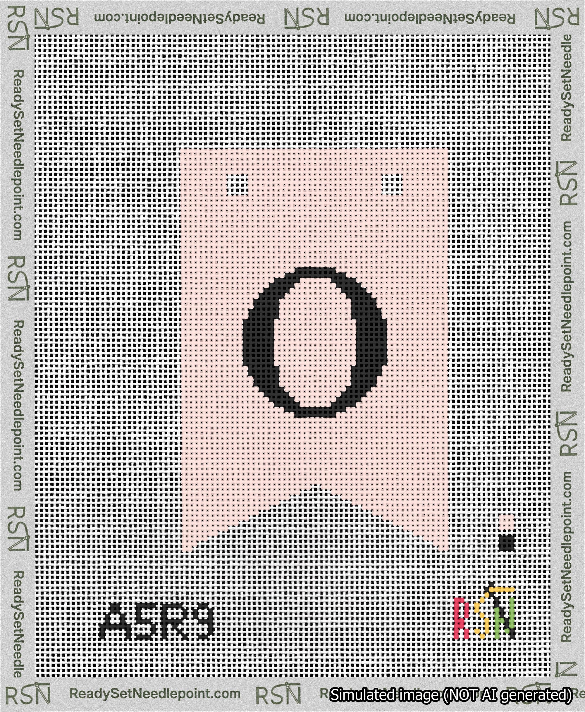 A taped needlepoint canvas with the design: Banner 13 mesh count Forked O Black on Pink.