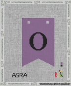 A taped needlepoint canvas with the design: Banner 13 mesh count Forked O Black on Purple.