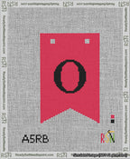 A taped needlepoint canvas with the design: Banner 13 mesh count Forked O Black on Red.