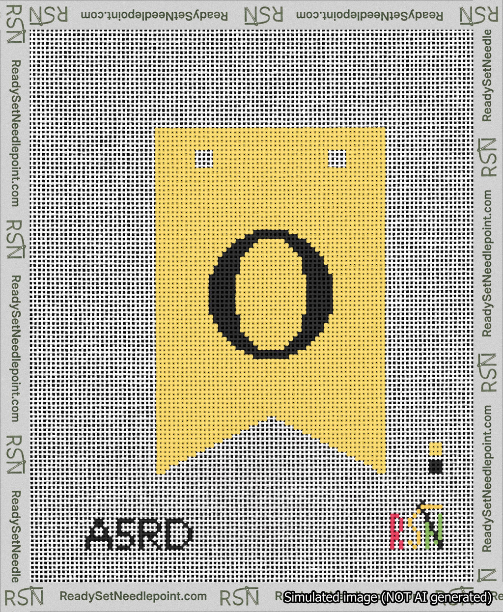 A taped needlepoint canvas with the design: Banner 13 mesh count Forked O Black on Yellow.