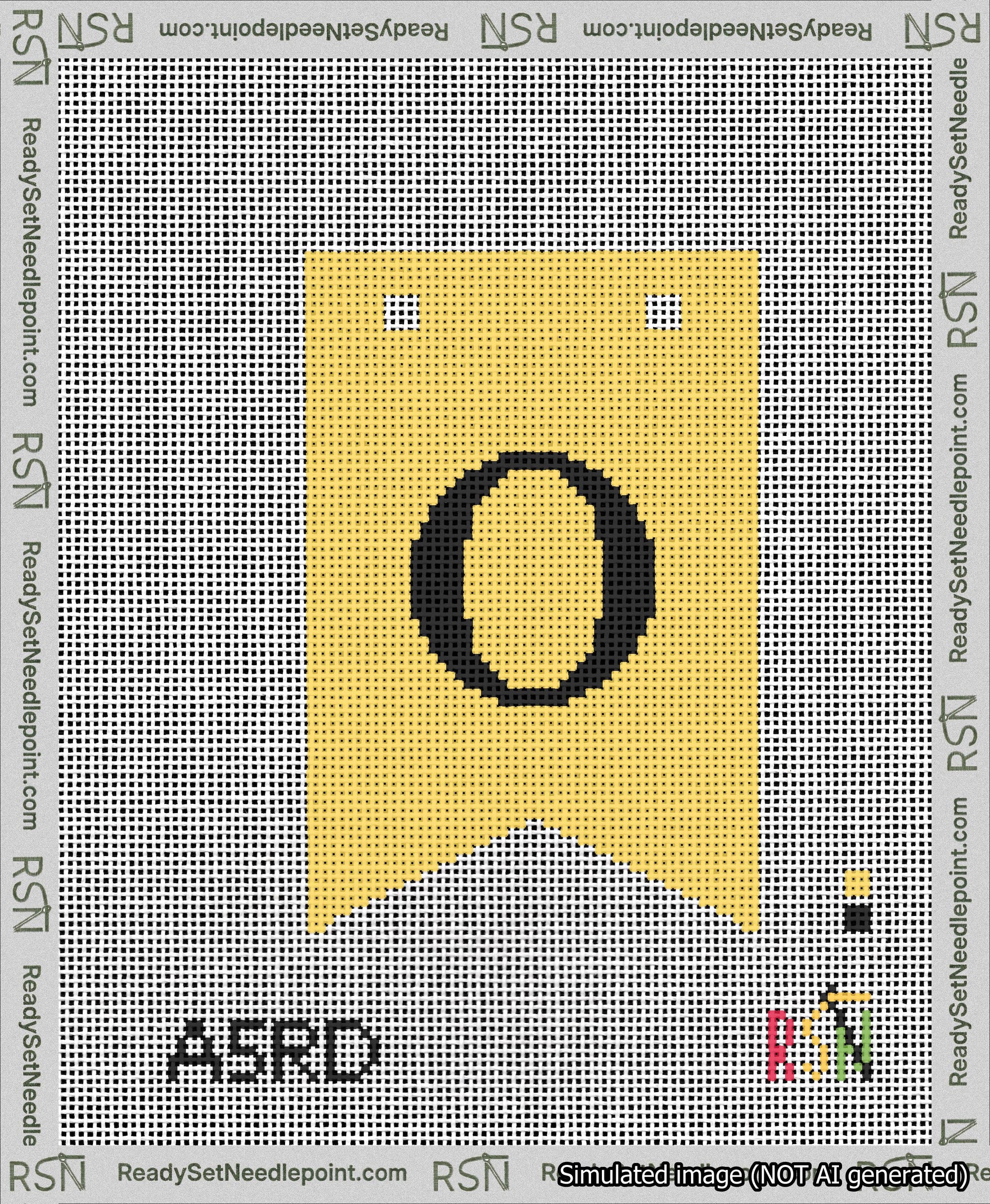A taped needlepoint canvas with the design: Banner 13 mesh count Forked O Black on Yellow.