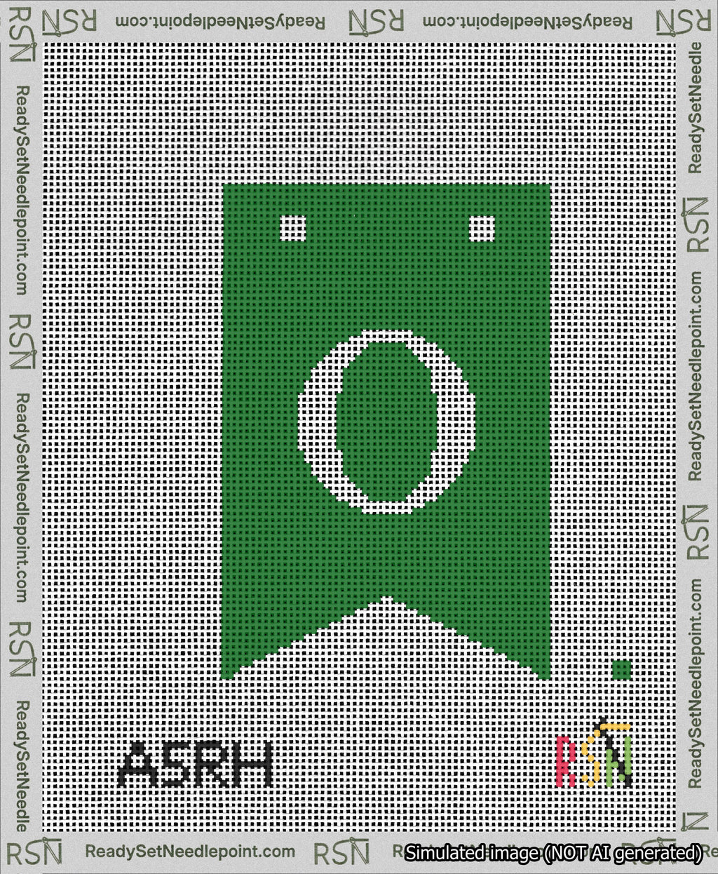 A taped needlepoint canvas with the design: Banner 13 mesh count Forked O White on Green.