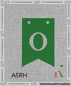 A taped needlepoint canvas with the design: Banner 13 mesh count Forked O White on Green.
