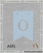 A taped needlepoint canvas with the design: Banner 13 mesh count Forked O White on Light Blue.