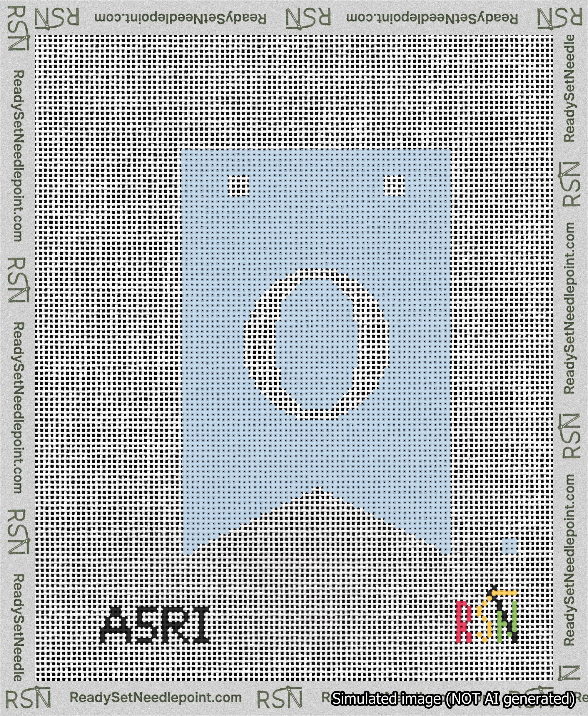 A taped needlepoint canvas with the design: Banner 13 mesh count Forked O White on Light Blue.