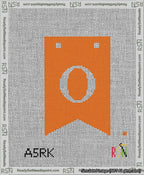 A taped needlepoint canvas with the design: Banner 13 mesh count Forked O White on Orange.