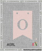 A taped needlepoint canvas with the design: Banner 13 mesh count Forked O White on Pink.