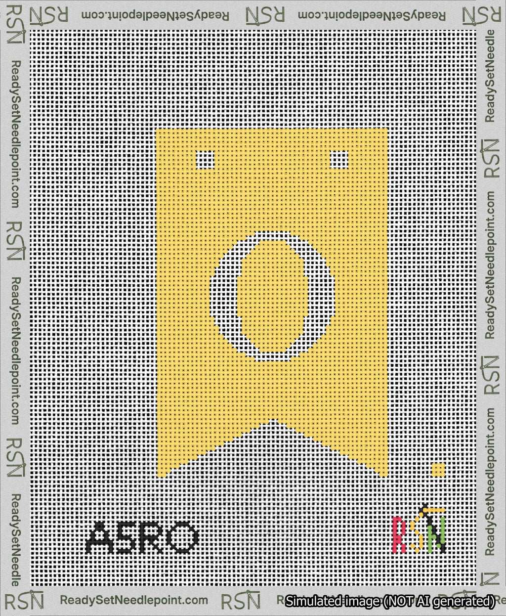 A taped needlepoint canvas with the design: Banner 13 mesh count Forked O White on Yellow.