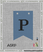 A taped needlepoint canvas with the design: Banner 13 mesh count Forked P Black on Blue.