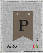 A taped needlepoint canvas with the design: Banner 13 mesh count Forked P Black on Brown.