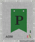A taped needlepoint canvas with the design: Banner 13 mesh count Forked P Black on Green.