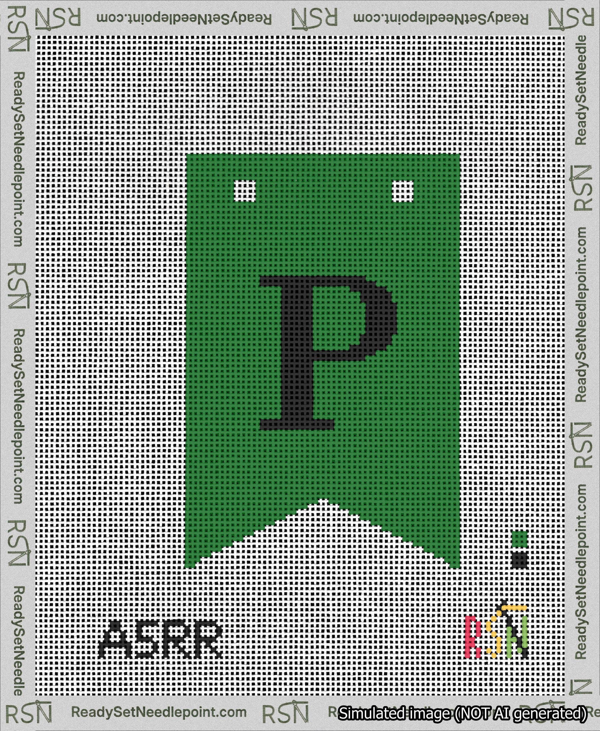 A taped needlepoint canvas with the design: Banner 13 mesh count Forked P Black on Green.