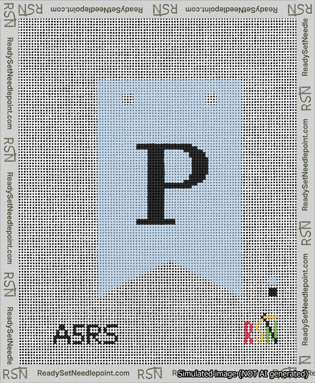 A taped needlepoint canvas with the design: Banner 13 mesh count Forked P Black on Light Blue.