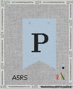 A taped needlepoint canvas with the design: Banner 13 mesh count Forked P Black on Light Blue.