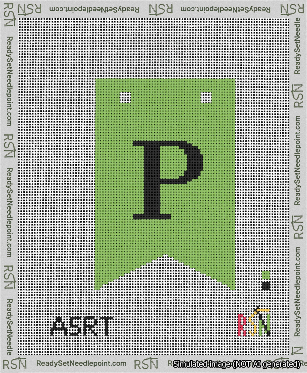 A taped needlepoint canvas with the design: Banner 13 mesh count Forked P Black on Light Green.
