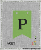 A taped needlepoint canvas with the design: Banner 13 mesh count Forked P Black on Light Green.