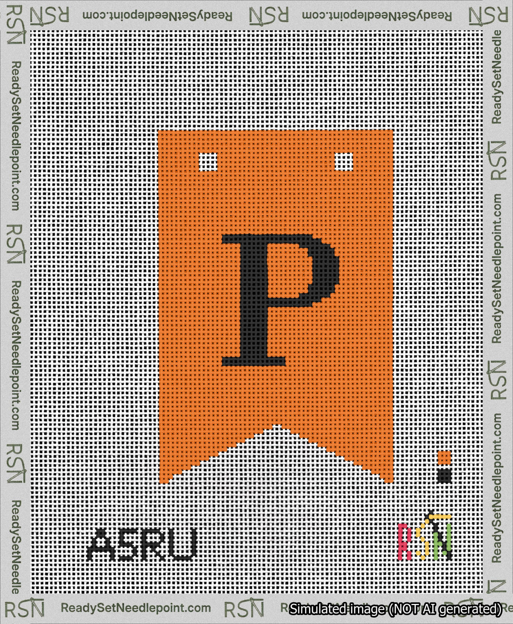 A taped needlepoint canvas with the design: Banner 13 mesh count Forked P Black on Orange.