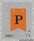 A taped needlepoint canvas with the design: Banner 13 mesh count Forked P Black on Orange.
