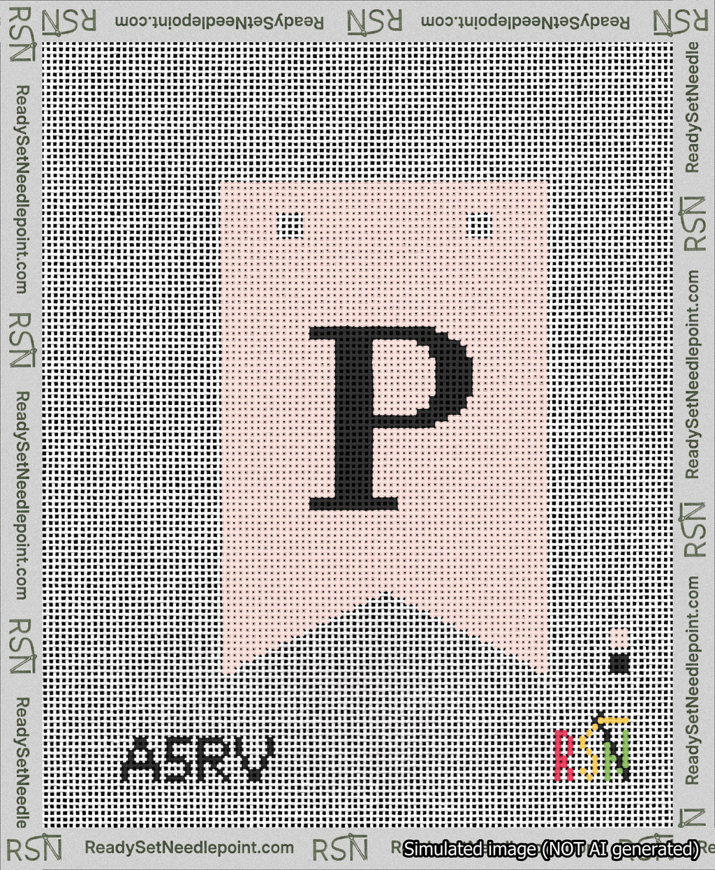 A taped needlepoint canvas with the design: Banner 13 mesh count Forked P Black on Pink.