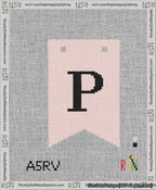 A taped needlepoint canvas with the design: Banner 13 mesh count Forked P Black on Pink.