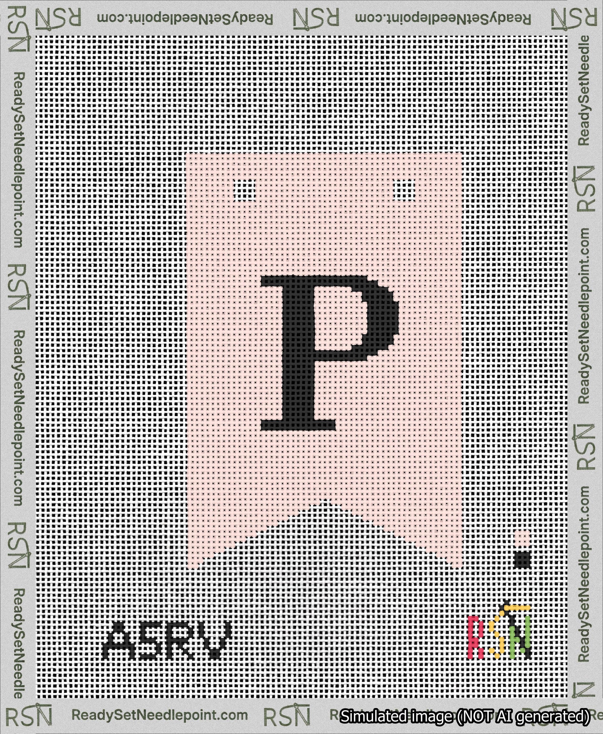A taped needlepoint canvas with the design: Banner 13 mesh count Forked P Black on Pink.