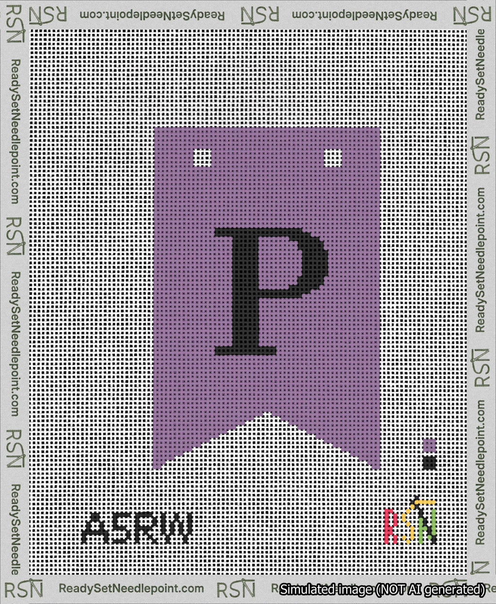 A taped needlepoint canvas with the design: Banner 13 mesh count Forked P Black on Purple.