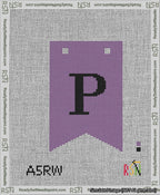 A taped needlepoint canvas with the design: Banner 13 mesh count Forked P Black on Purple.