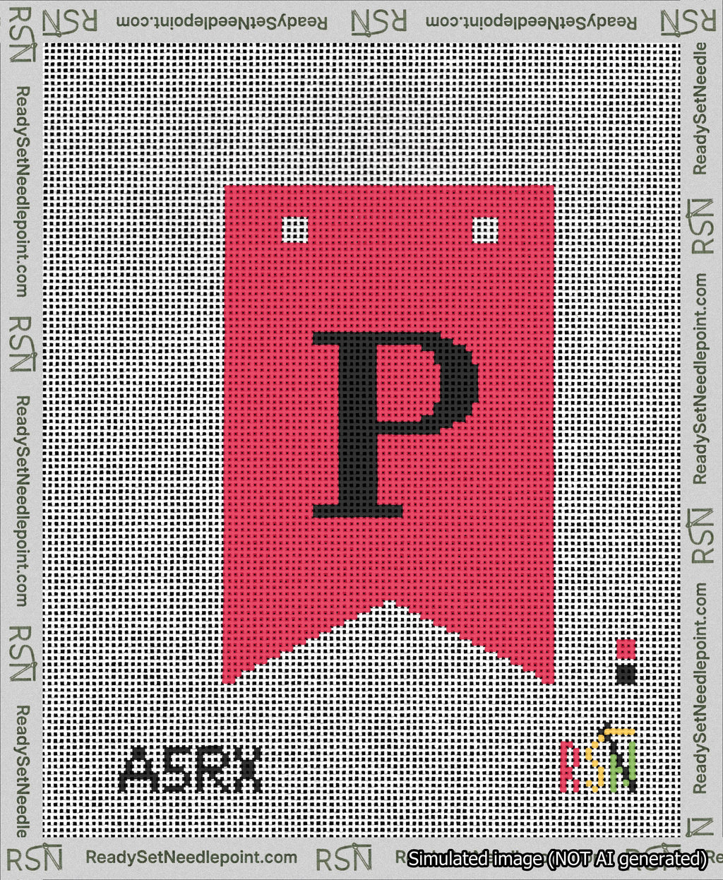 A taped needlepoint canvas with the design: Banner 13 mesh count Forked P Black on Red.