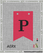 A taped needlepoint canvas with the design: Banner 13 mesh count Forked P Black on Red.