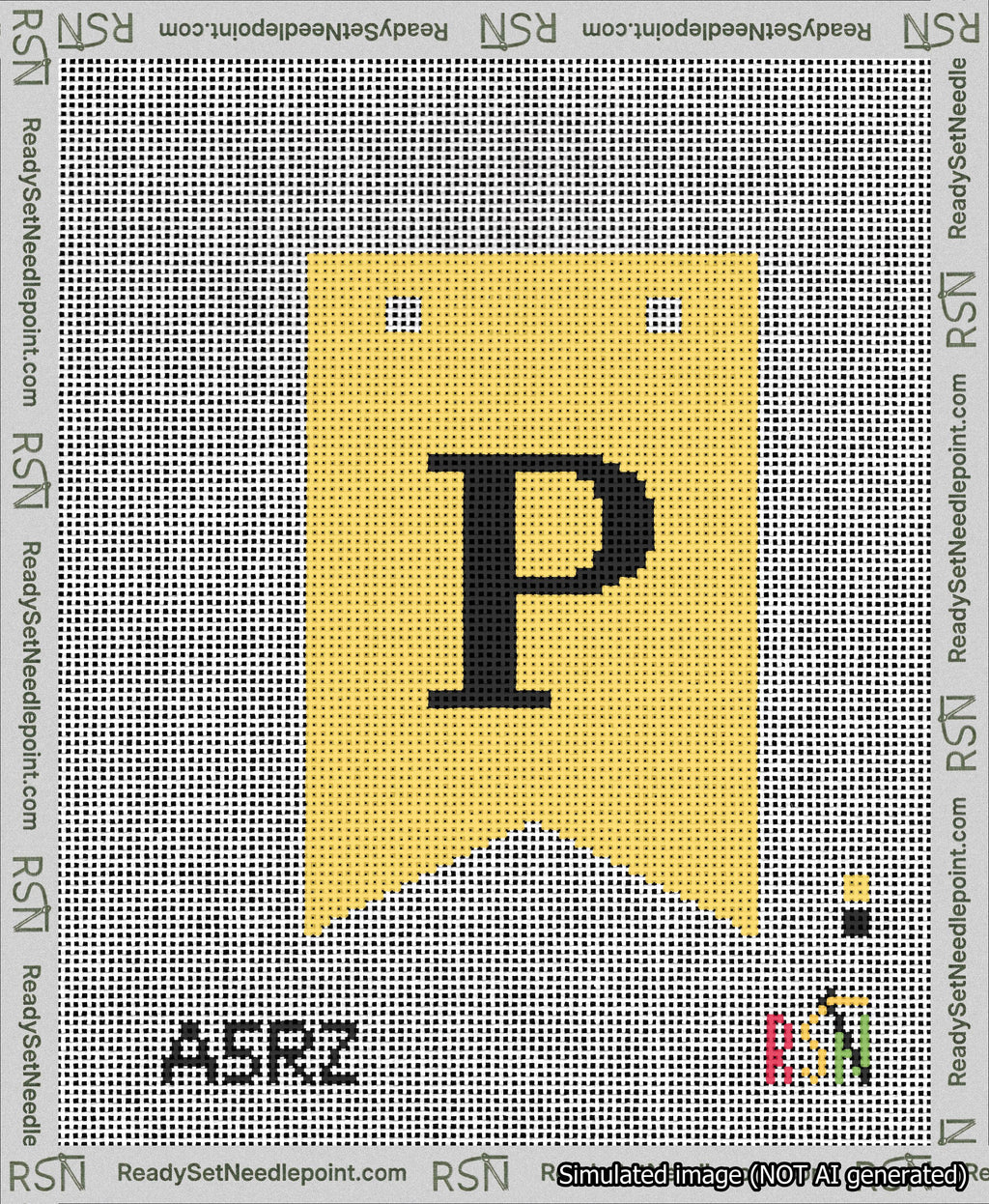 A taped needlepoint canvas with the design: Banner 13 mesh count Forked P Black on Yellow.