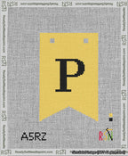 A taped needlepoint canvas with the design: Banner 13 mesh count Forked P Black on Yellow.