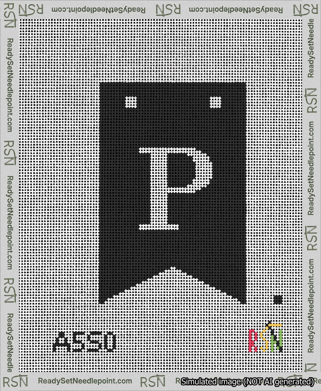 A taped needlepoint canvas with the design: Banner 13 mesh count Forked P White on Black.