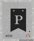A taped needlepoint canvas with the design: Banner 13 mesh count Forked P White on Black.