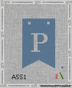 A taped needlepoint canvas with the design: Banner 13 mesh count Forked P White on Blue.