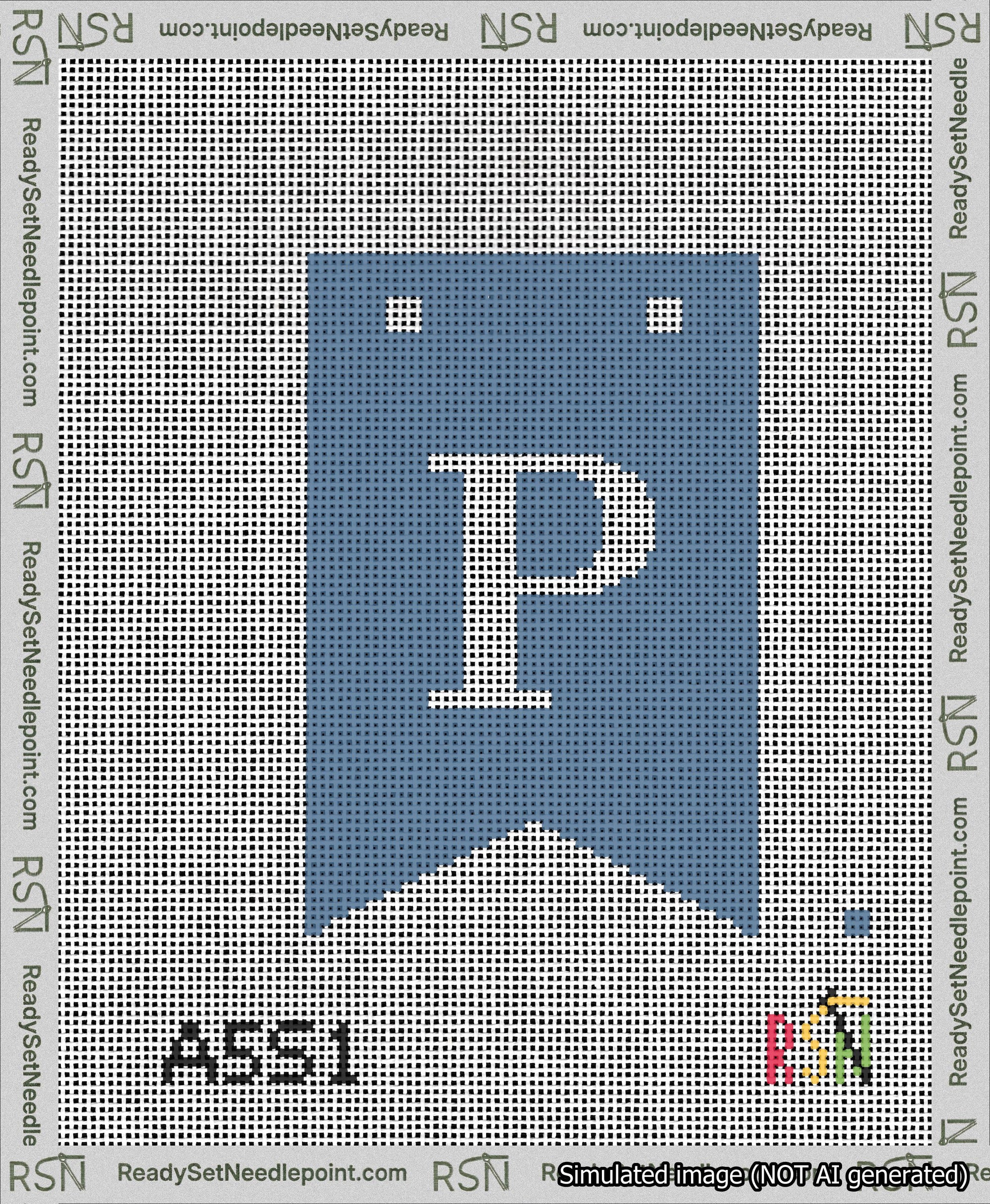 A taped needlepoint canvas with the design: Banner 13 mesh count Forked P White on Blue.