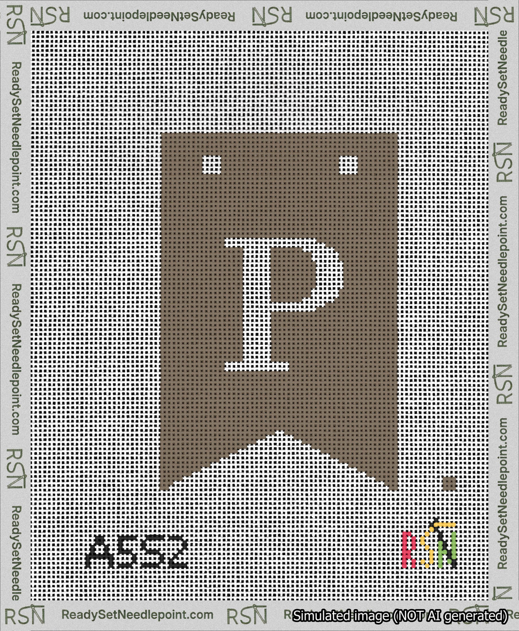A taped needlepoint canvas with the design: Banner 13 mesh count Forked P White on Brown.