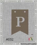 A taped needlepoint canvas with the design: Banner 13 mesh count Forked P White on Brown.