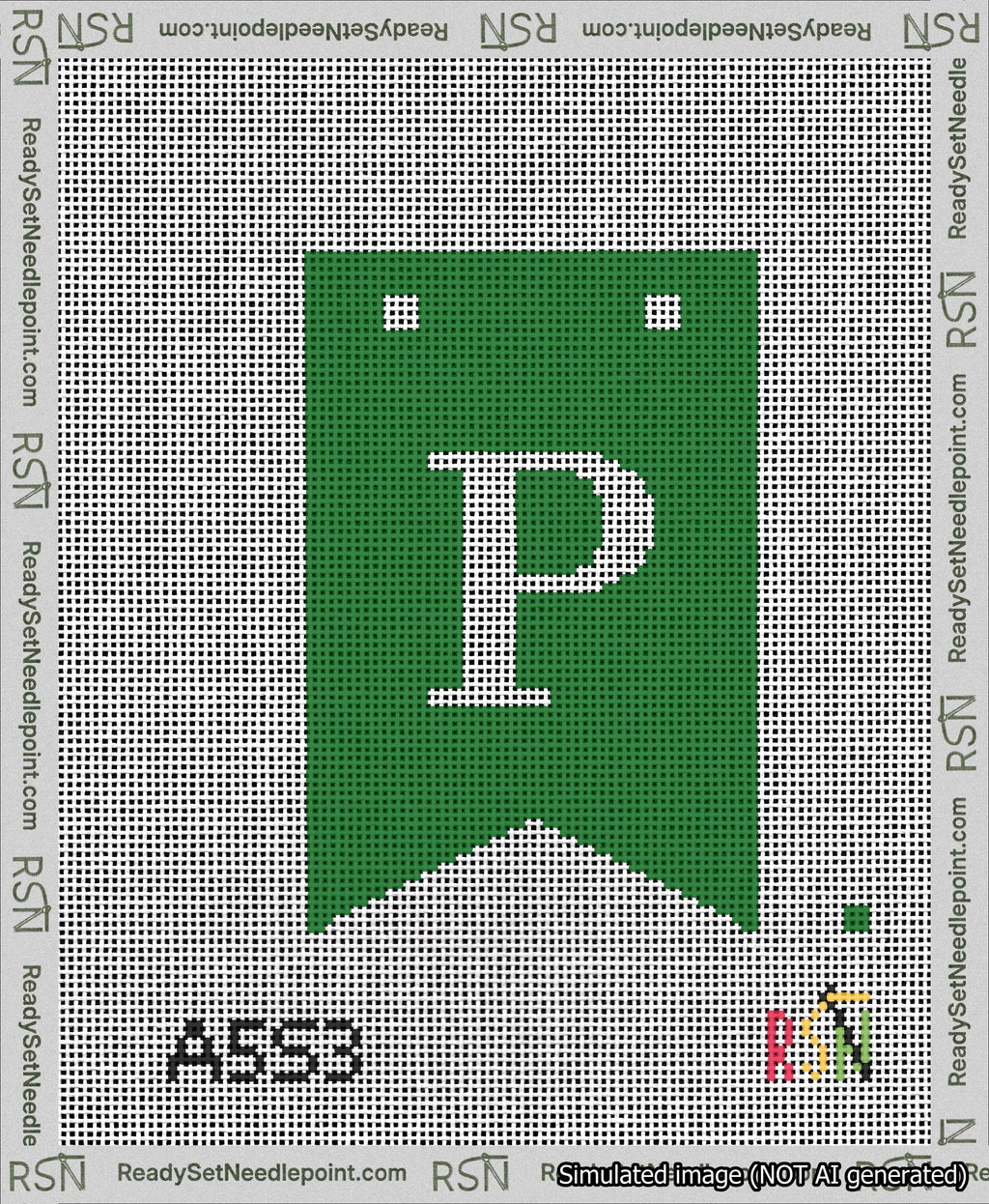 A taped needlepoint canvas with the design: Banner 13 mesh count Forked P White on Green.