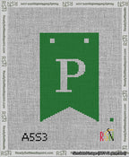 A taped needlepoint canvas with the design: Banner 13 mesh count Forked P White on Green.