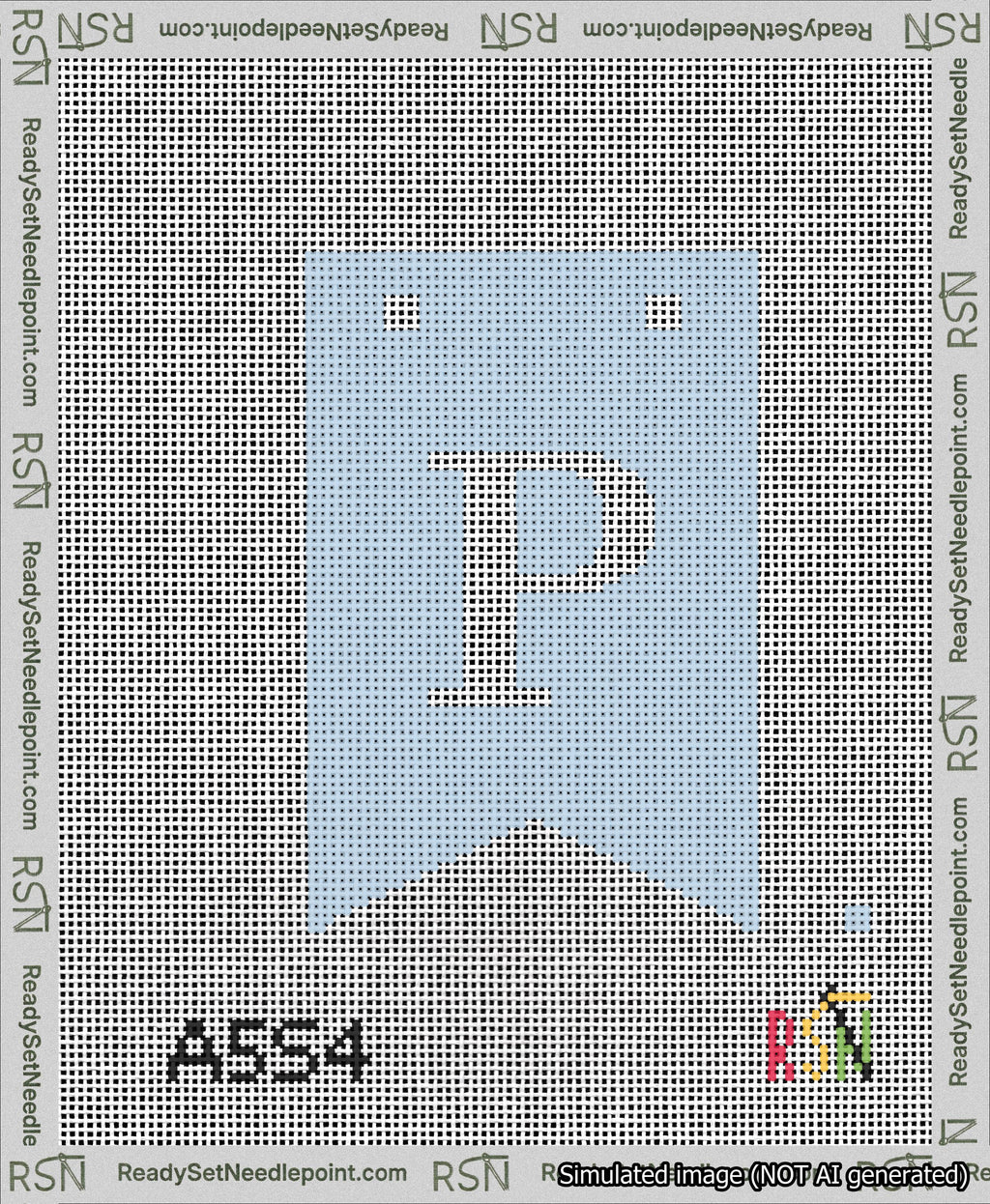 A taped needlepoint canvas with the design: Banner 13 mesh count Forked P White on Light Blue.