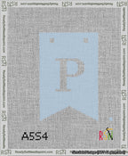 A taped needlepoint canvas with the design: Banner 13 mesh count Forked P White on Light Blue.