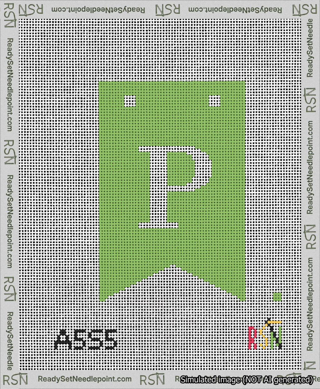 A taped needlepoint canvas with the design: Banner 13 mesh count Forked P White on Light Green.