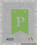 A taped needlepoint canvas with the design: Banner 13 mesh count Forked P White on Light Green.