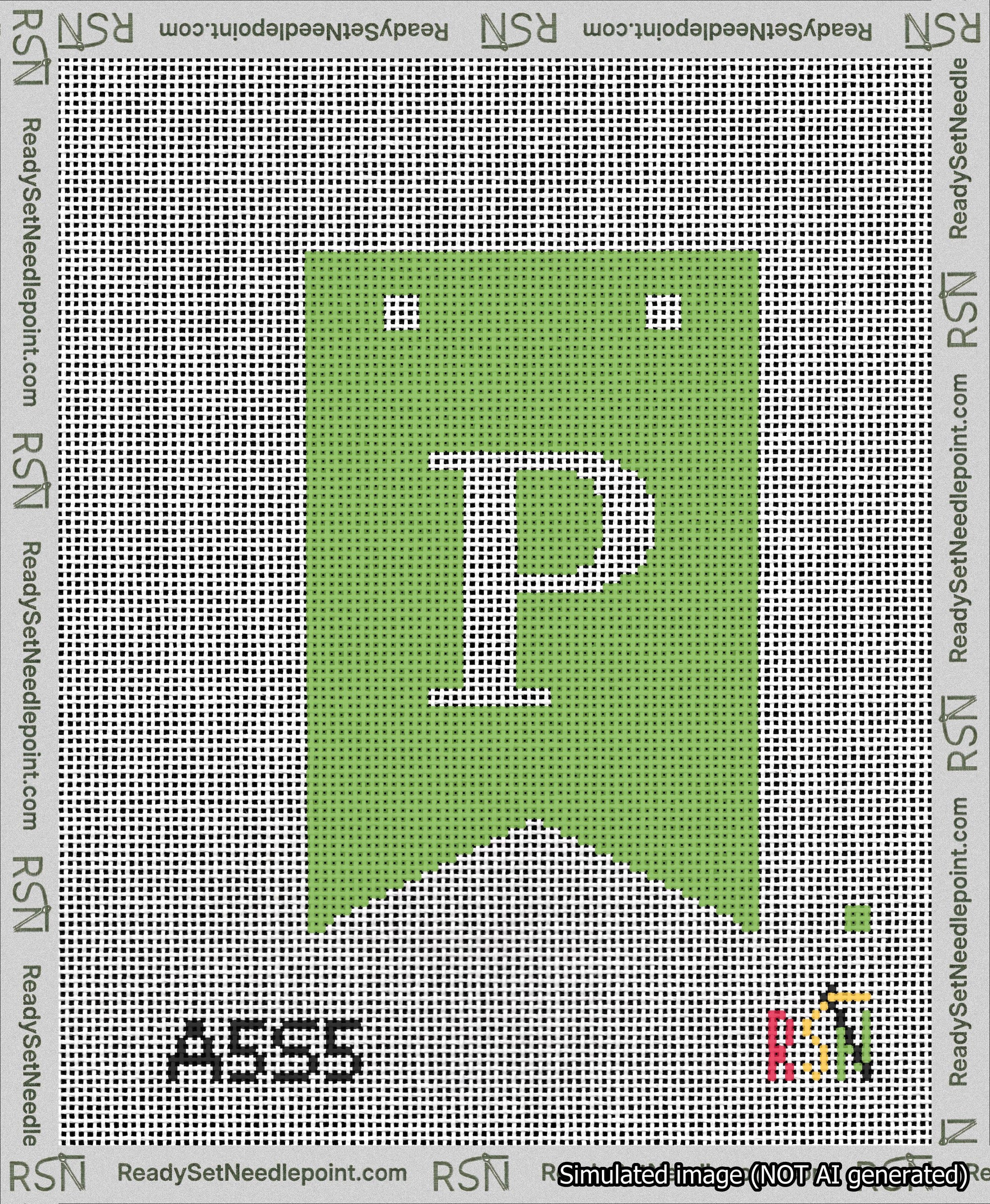 A taped needlepoint canvas with the design: Banner 13 mesh count Forked P White on Light Green.