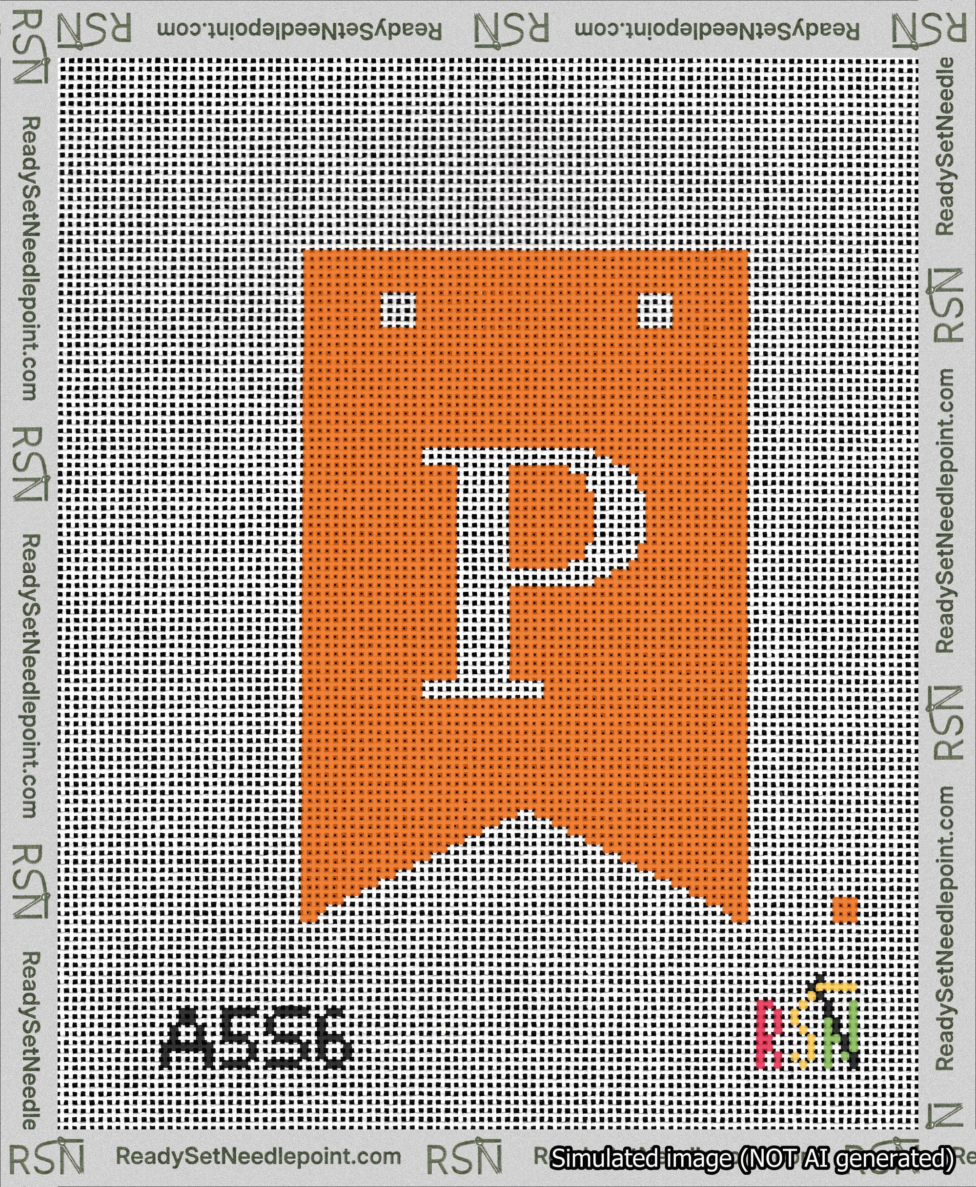 A taped needlepoint canvas with the design: Banner 13 mesh count Forked P White on Orange.