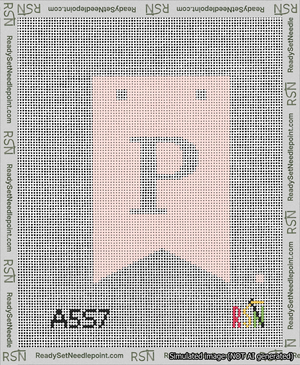 A taped needlepoint canvas with the design: Banner 13 mesh count Forked P White on Pink.