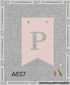 A taped needlepoint canvas with the design: Banner 13 mesh count Forked P White on Pink.